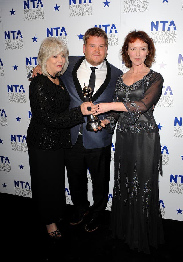 Alison Steadman, James Corden and Melanie Walters celebrate with the comedy award for Gavin And Stacey at the National Television Awards in 2010
