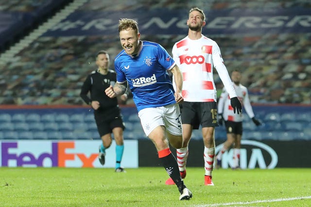 Rangers' Scott Arfield celebrates scoring his side's third goal against Standard Liege