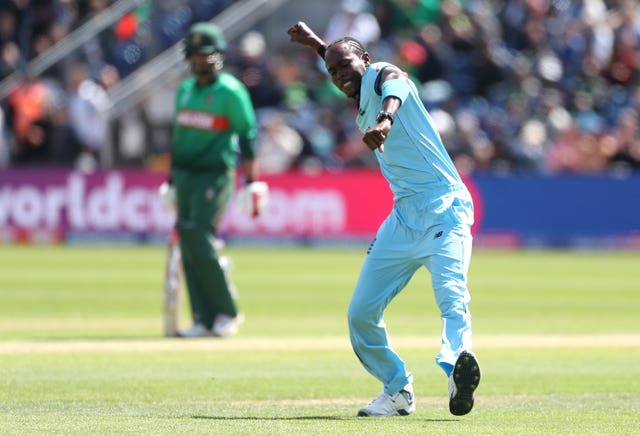 England's Jofra Archer celebrates after taking a wicket against Bangladesh