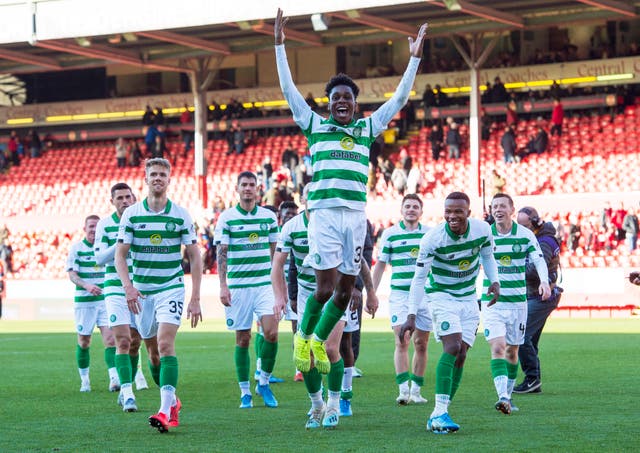 Jeremie Frimpong celebrates after Celtic's 4-0 thrashing of Aberdeen