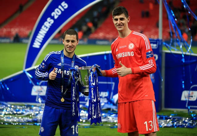 Eden Hazard could join Thibaut Courtois, right, in moving from Chelsea to Real Madrid
