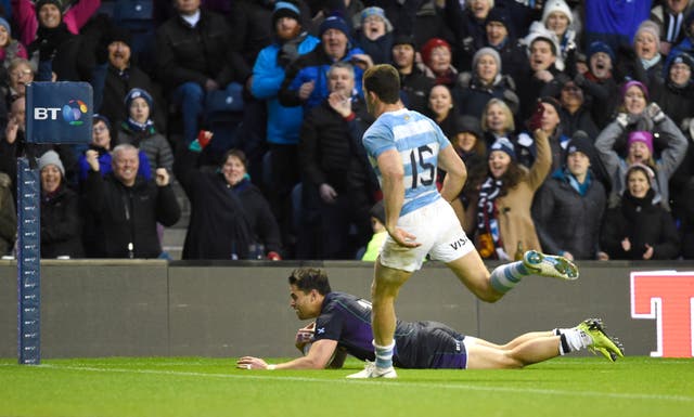 Sean Maitland dives in to score for Scotland on Saturday