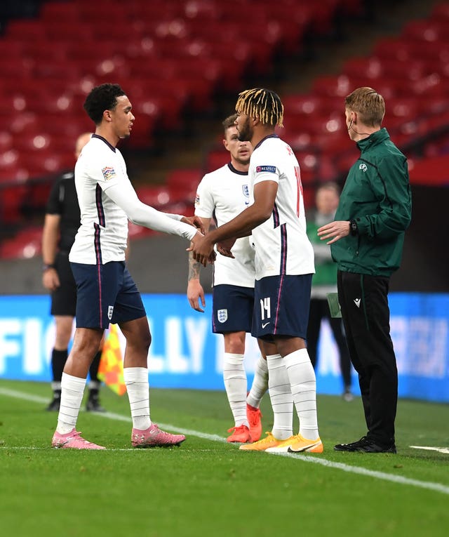 Trent Alexander-Arnold, left, Reece James, right, and Kieran Trippier, background, are among the right-backs named in the England squad 