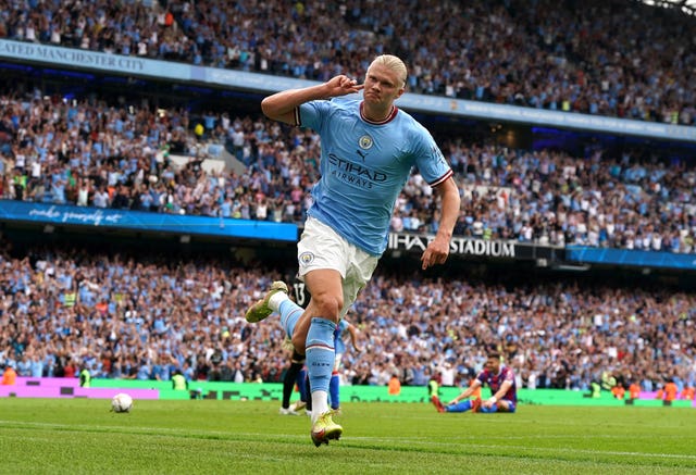 Erling Haaland celebrates his hat trick against Crystal Palace