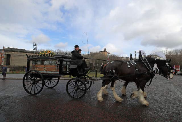 The funeral cortege arrives at Liverpool Anglican Cathedral (Peter Byrne/PA)