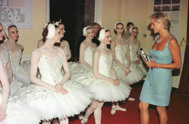Diana with ballerinas from the English National Ballet after they gave a gala performance of Swan Lake at the Royal Albert Hall