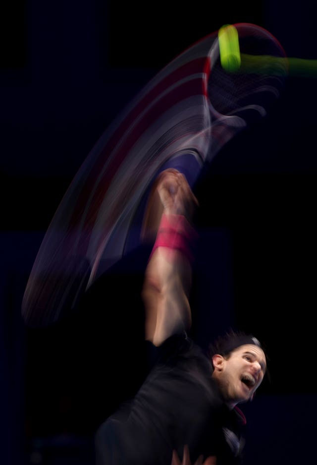 Dominic Thiem serves during the deciding match of the ATP Finals against Daniil Medvedev. The Austrian took the opening set but ended as runner-up after his Russian opponent battled back to win 4–6 7–6 (2) 6–4