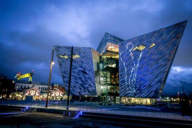 A First World War Tommy projected on to Titanic Belfast