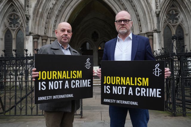 Barry McCaffrey (left) and Trevor Birney outside the Royal Courts of Justice