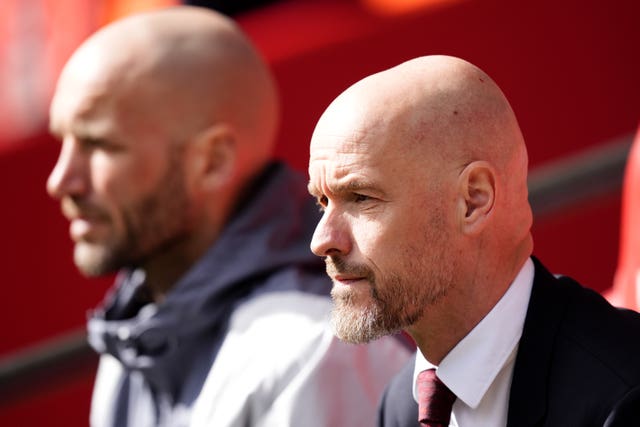 Erik Ten Hag, right, on the bench at Wembley