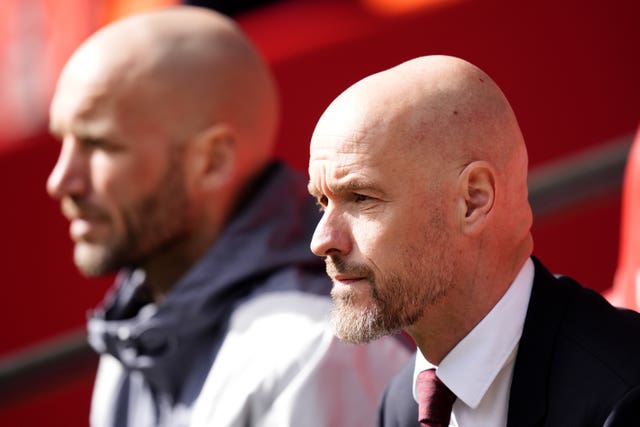 Erik Ten Hag, right, on the bench at Wembley 