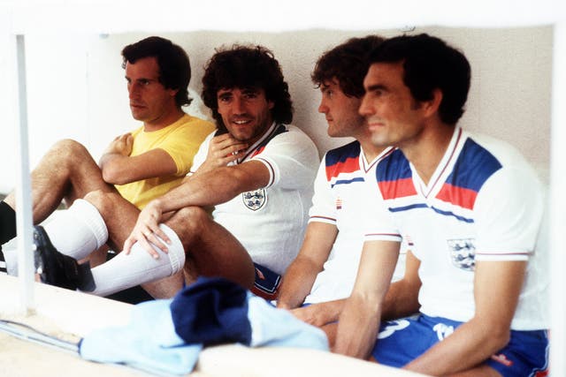 The substitutes’ bench during England’s World Cup match against Spain in Madrid (left to right) Ray Clemence, injured captain Kevin Keegan, Glenn Hoddle and Trevor Brooking