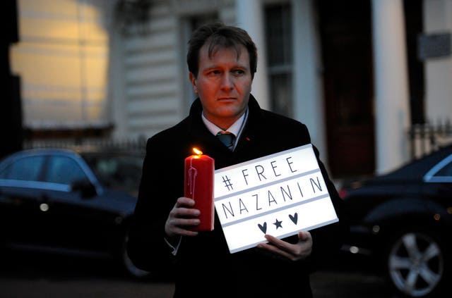Richard Ratcliffe, husband of Nazanin Zaghari-Ratcliffe, taking part in a a vigil outside the Embassy of Iran in London (Kirsty O'Connor/PA)