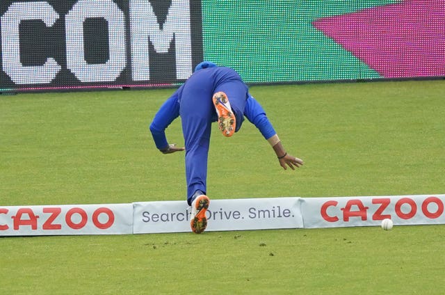 Deepti Sharma of the London Spirit dives to prevent a boundary during The Hundred match against the Oval Invincibles at Lord’s