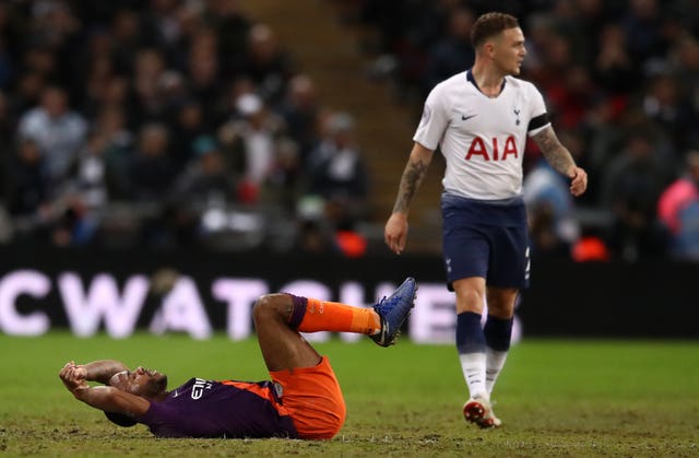Raheem Sterling, left, tumbles on the Wembley pitch during last Monday's victory over Spurs 