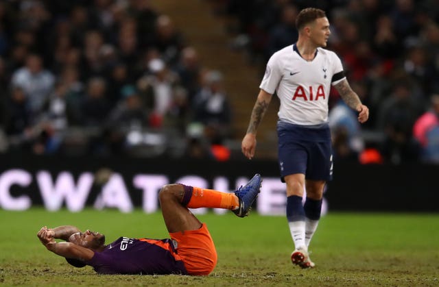 Raheem Sterling, left, tumbles on the Wembley pitch during last Monday's victory over Spurs