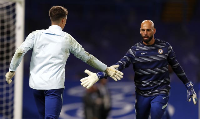 Chelsea goalkeepers Kepa Arrizabalaga, left, and Willy Caballero