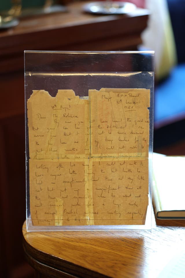 A letter signed by Queen Camilla’s father Major Bruce Shand on display during her to visit to the Royal Lancers regiment, her first visit to the regiment since being appointed as their Colonel-in-Chief, at Munster Barracks, Catterick Garrison, North Yorkshire