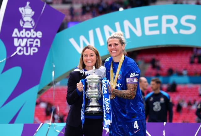 Chelsea manager Sonia Bompastor and Millie Bright with the FA Cup trophy