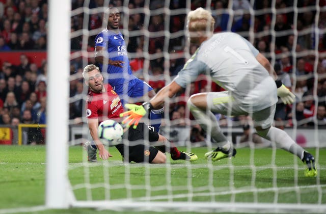 Luke Shaw, left, scores against Leicester