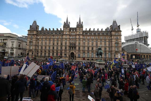 Activists calling for a second referendum gathered at St George's Plateau in Liverpool ahead of a march aimed at putting pressure on the party to change course (Peter Byrne/PA)