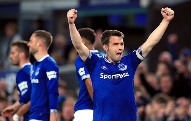 Everton’s Seamus Coleman (right) celebrates scoring his side’s second goal of the game with team-mates during the Premier League match at Goodison Park, Liverpool.