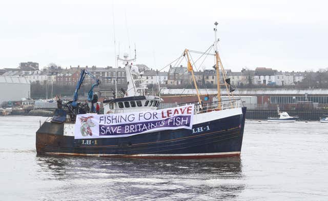 A fishing boat taking part in the Brexit protest at South Shield fish quay, near Newcastle (Owen Humphreys/PA)