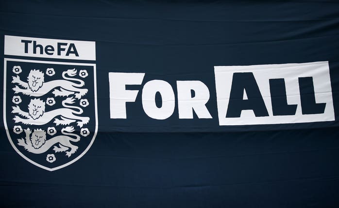 A flag of The FA For All outside Wembley Stadium