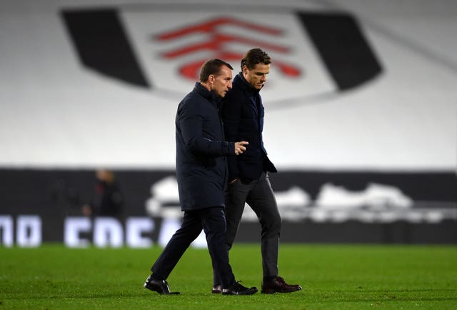 Brendan Rodgers chats to Scott Parker after the game