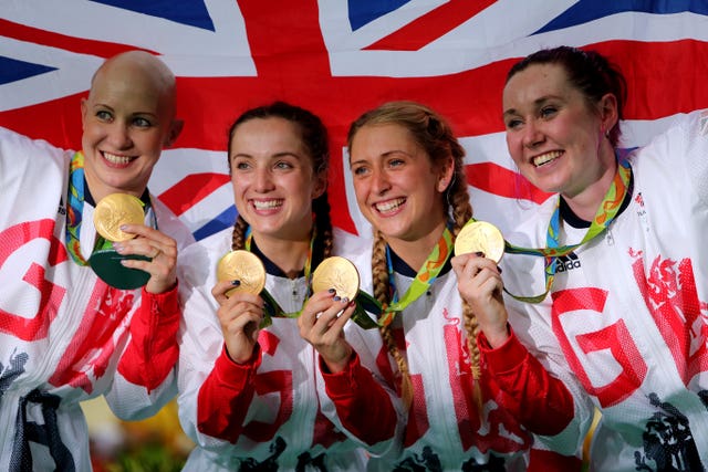 Laura Kenny (third from left) celebrates Olympic gold at Rio 2016 in the team pursuit