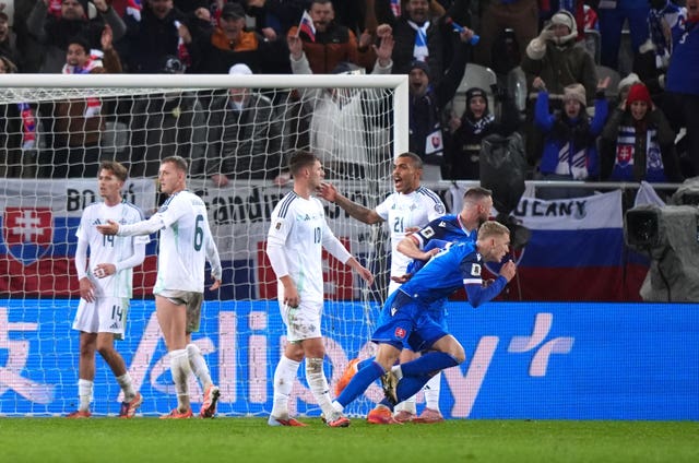 Slovakia’s Tomas Bobcek celebrates after scoring a late winner against Northern Ireland