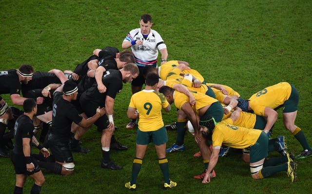 Owens (centre) took charge of the 2015 World Cup final between Australia and New Zealand