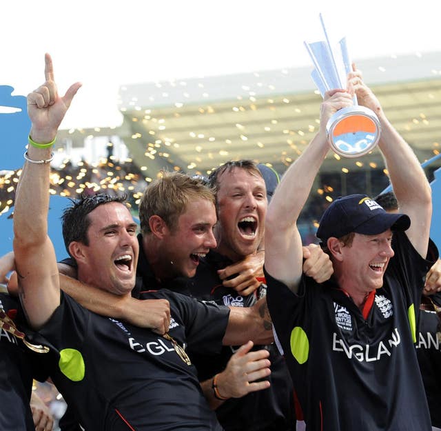 Kevin Pietersen, far left, celebrates with his England team-mates after winning the 2010 Twenty20 World Cup
