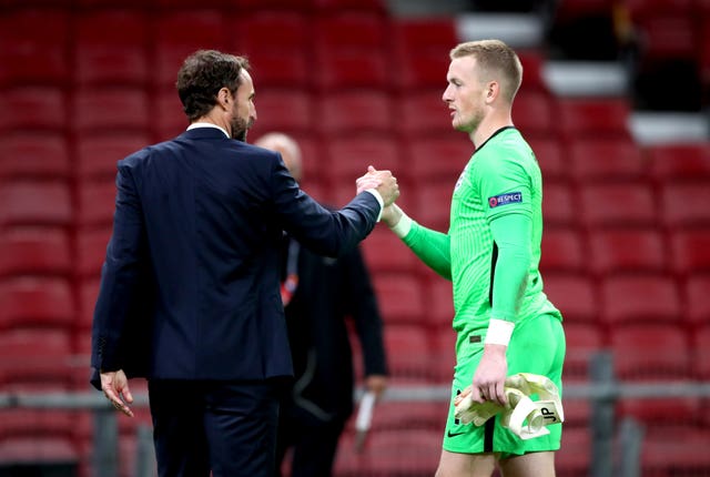 England manager Gareth Southgate, left, has backed Jordan Pickford as his first-choice goalkeeper