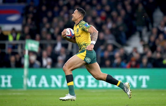 Australia's Israel Folau soring a try against England at Twickenham.