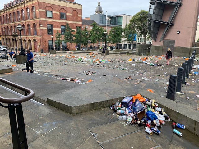 Litter in Millennium Square in Leeds after celebrations by fans whose football club won the Championship title and a return to the Premier League