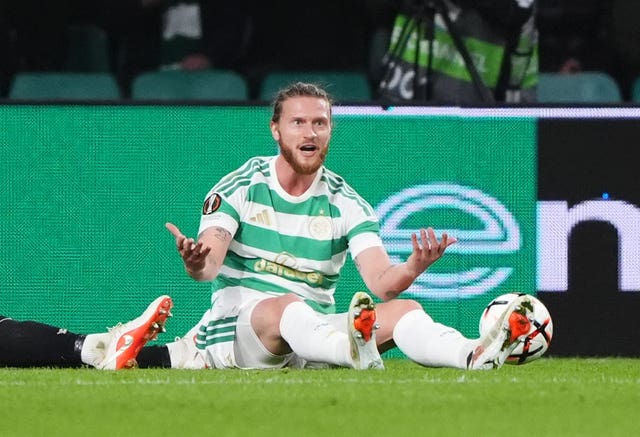 Celtic’s Kasper Hogh reacts after not being given a decision
