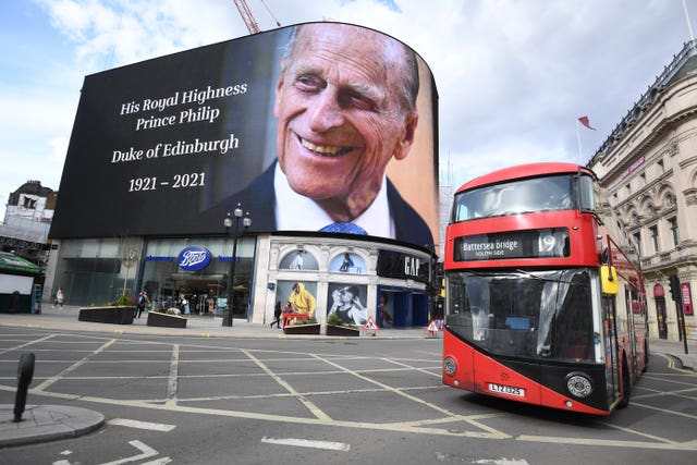 A tribute to the Duke of Edinburgh, which will be shown for 24 hours, on display at the Piccadilly Lights in central London