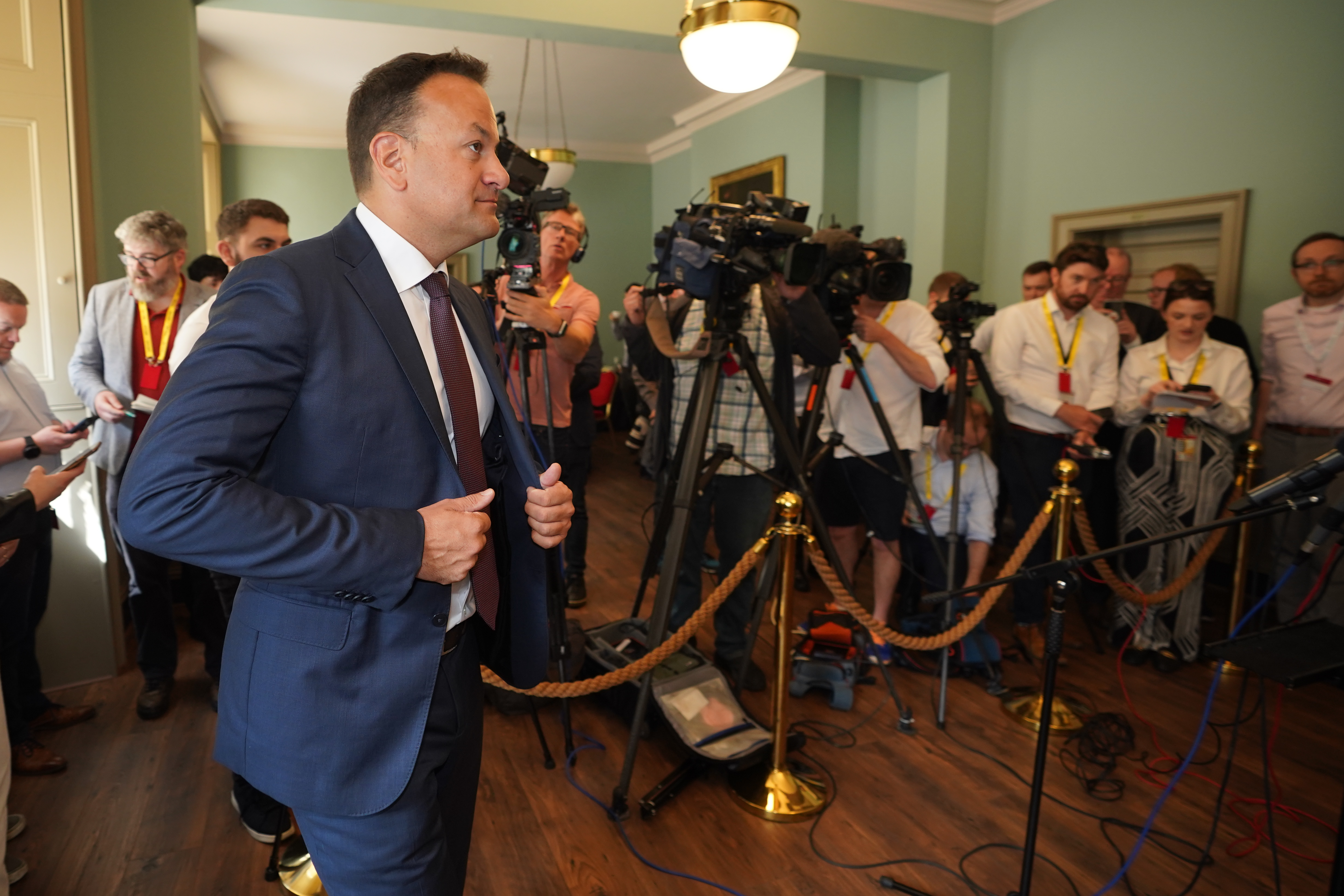Taoiseach Leo Varadkar speaks to the media during the third day of the Consultative Forum on International Security Policy at Dublin Castle