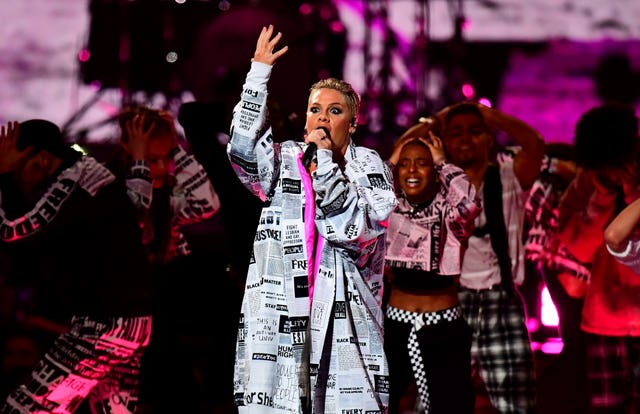 Pink performs on stage at the Brit Awards 