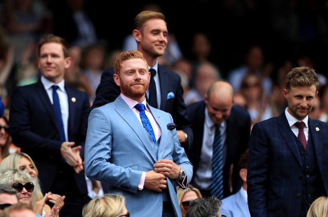 England cricketers Eoin Morgan, Jonny Bairstow, Stuart Broad and Joe Root