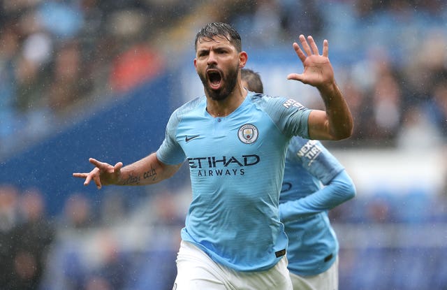 Aguero celebrates his goal in Cardiff