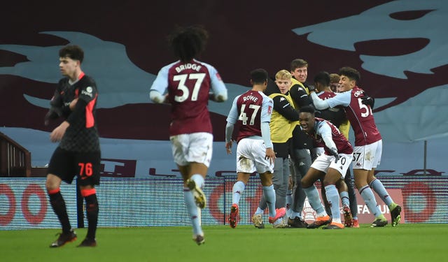 Aston Villa celebrate Louie Barry''s equaliser 