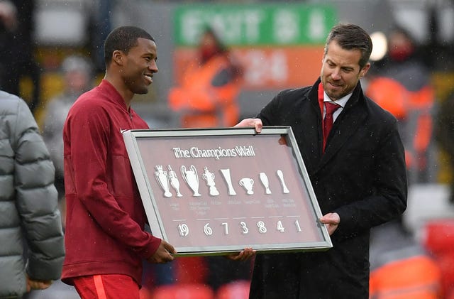 Liverpool's Georginio Wijnaldum during a presentation after his final match for the club