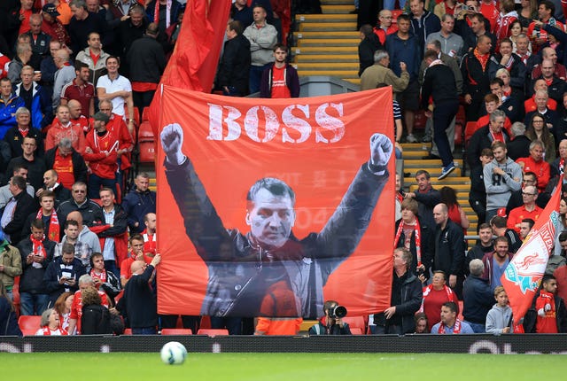 Liverpool fans display a banner of 'Boss' manager Rodgers in the stands at Anfield 