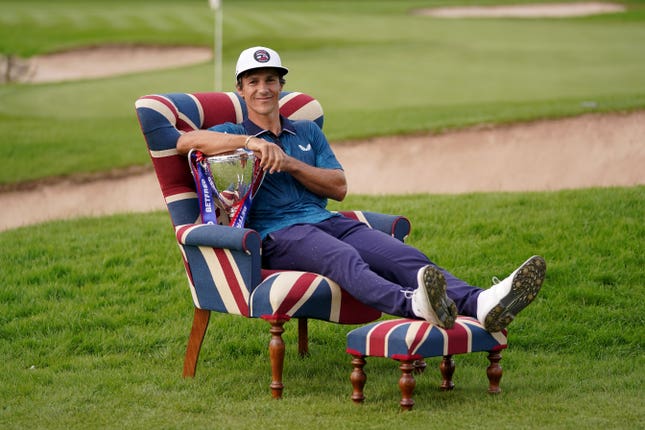 Denmark’s Thorbjorn Olesen celebrates winning the Betfred British Masters