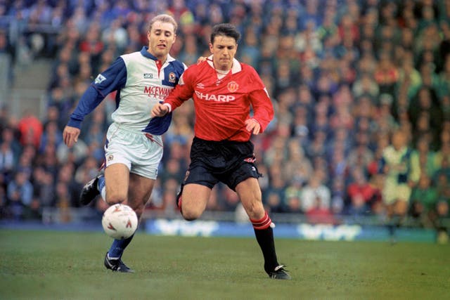 Lee Sharpe, right, in action for Manchester United