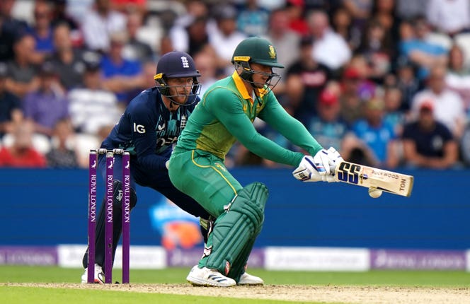 South Africa’s Quinton De Kock reverse sweeps in Leeds