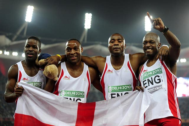 Mark Lewis-Francis (second from right) won 4x100 metres relay gold at the 2010 Commonwealth Games in Delhi (John Giles/PA).
