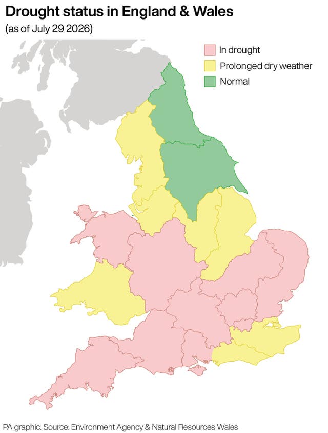 Graphic showing much of eastern, southern and central England, along with north Wales in drought, and 'prolonged dry weather' across the rest of the two countries except Yorkshire and the North East